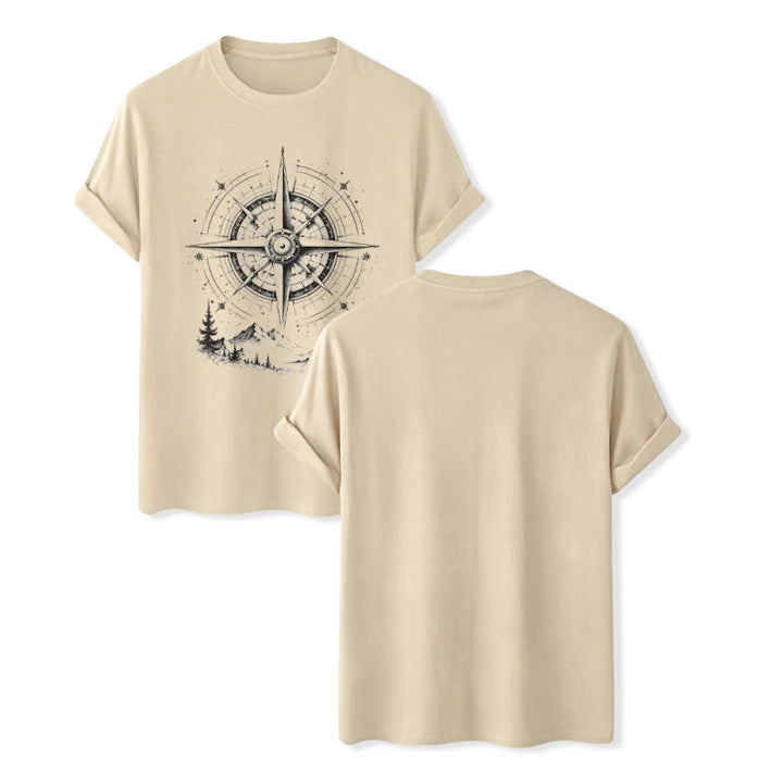Western-T-Shirt mit handgezeichnetem Bergkompass-Motiv in schwarzer Tinte - Beige - 2XL - image 6