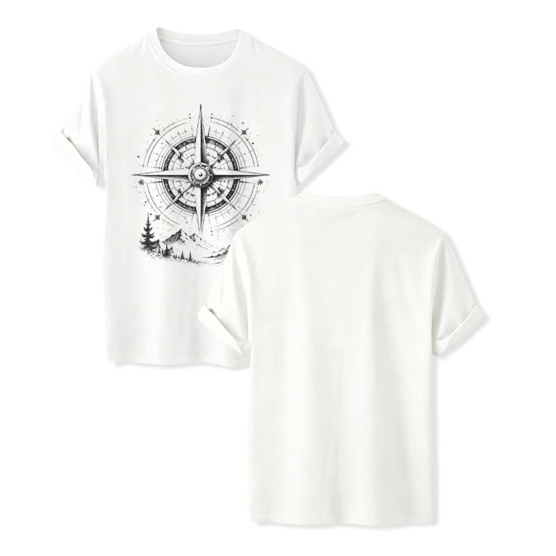 Western-T-Shirt mit handgezeichnetem Bergkompass-Motiv in schwarzer Tinte - Weiß - 2XL - image 5