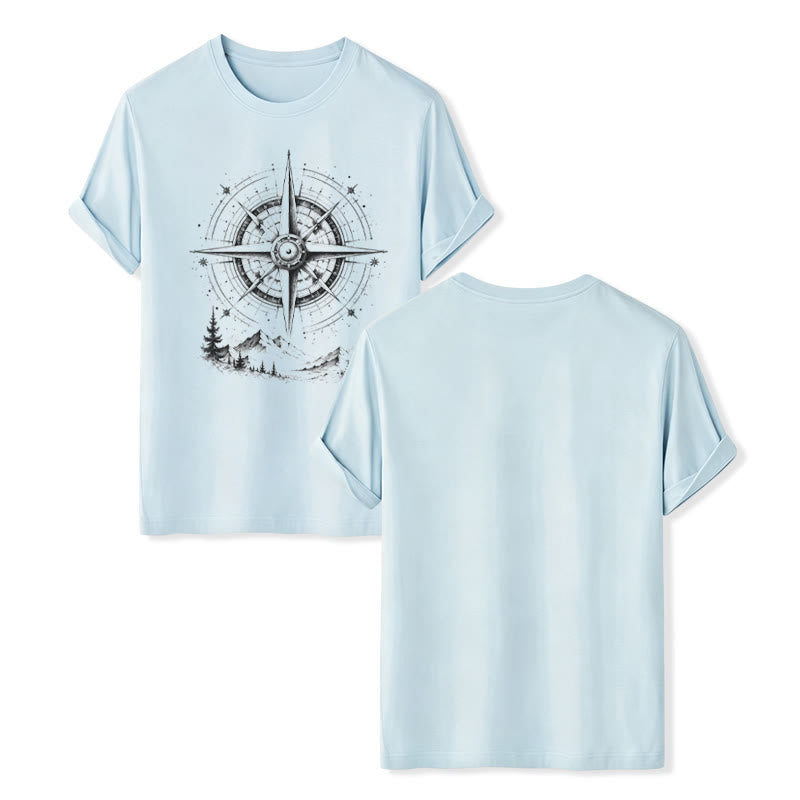 Western-T-Shirt mit handgezeichnetem Bergkompass-Motiv in schwarzer Tinte - Blau - 2XL - image 9