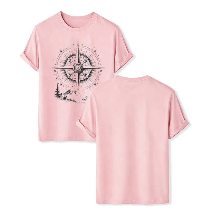 Western-T-Shirt mit handgezeichnetem Bergkompass-Motiv in schwarzer Tinte - Rosa - 2XL - image 7