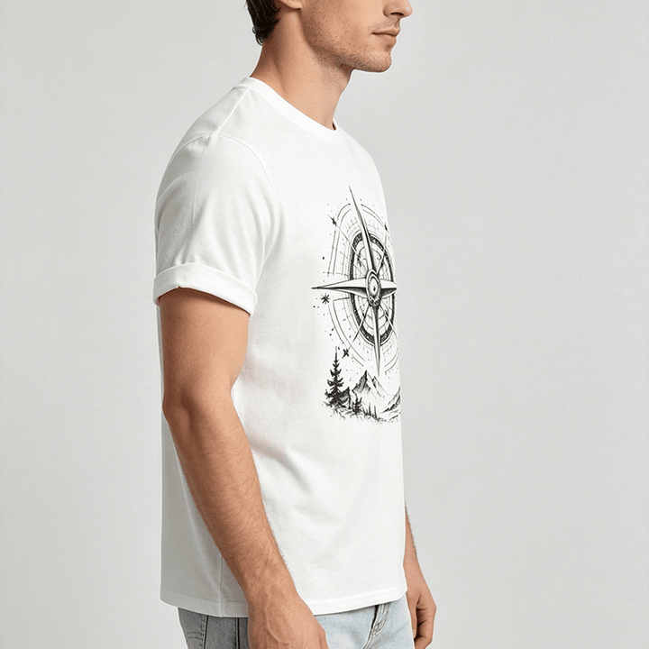 Western-T-Shirt mit handgezeichnetem Bergkompass-Motiv in schwarzer Tinte - image 2