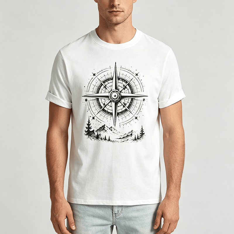 Western-T-Shirt mit handgezeichnetem Bergkompass-Motiv in schwarzer Tinte - image 1