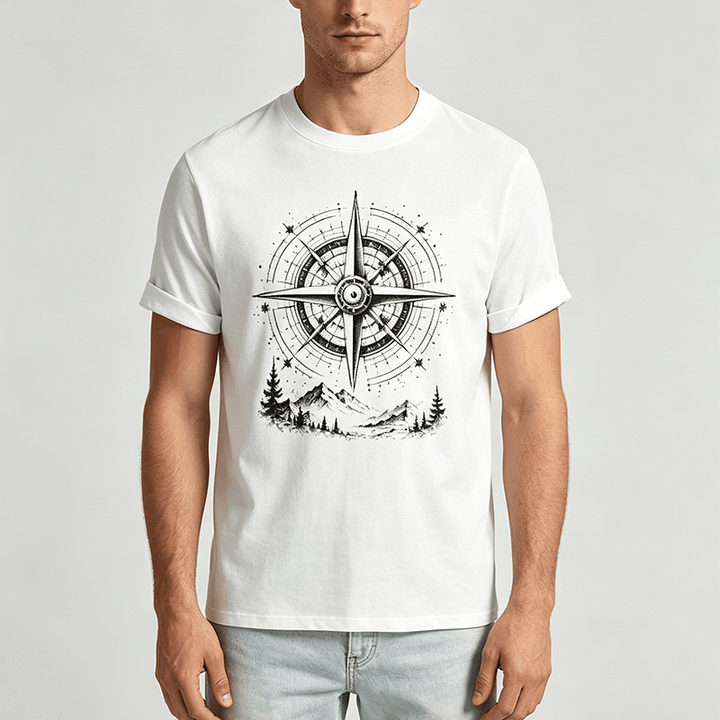 Western-T-Shirt mit handgezeichnetem Bergkompass-Motiv in schwarzer Tinte - image 1