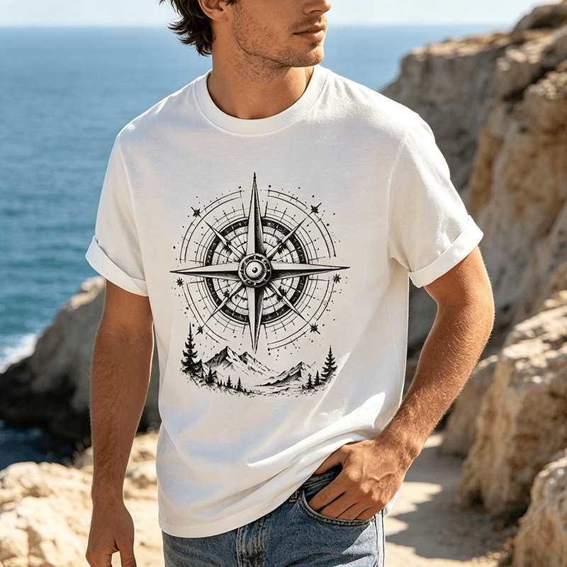 Western-T-Shirt mit handgezeichnetem Bergkompass-Motiv in schwarzer Tinte - image 0