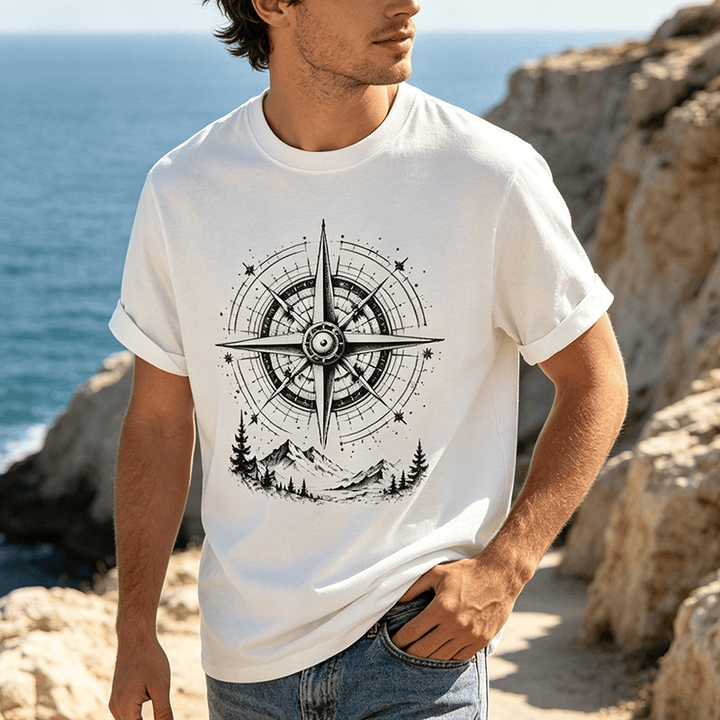Western-T-Shirt mit handgezeichnetem Bergkompass-Motiv in schwarzer Tinte - image 0