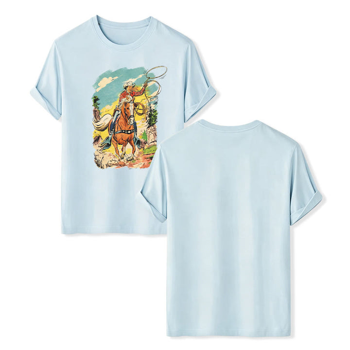 Vintage Comic Cowboy Lasso Western Grafikdruck Shirt - Blau - 2XL - image 9