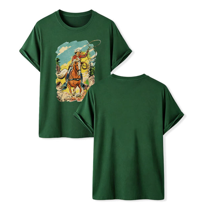 Vintage Comic Cowboy Lasso Western Grafikdruck Shirt - Dunkelgrün - 2XL - image 13