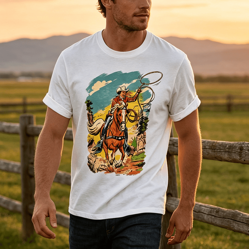 Vintage Comic Cowboy Lasso Western Grafikdruck Shirt - image 0