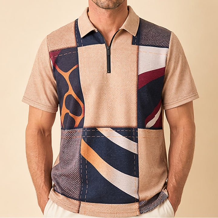 Poloshirt mit Giraffenmuster in Erdtönen und Reißverschlusskragen - image 1