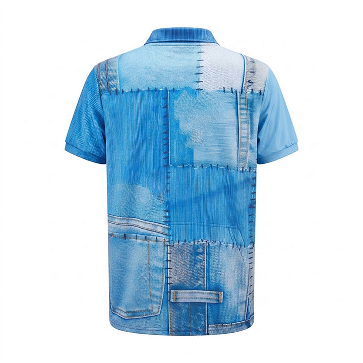Retro-Poloshirt aus blauem Denim mit Patchwork-Design, 3D-Druck und Reißverschlusskragen - image 9