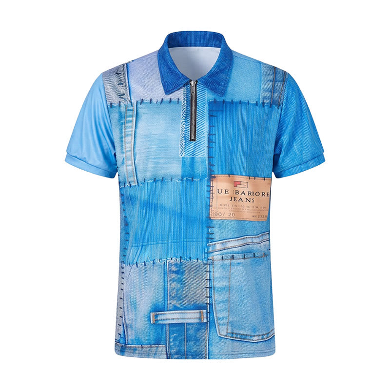 Retro-Poloshirt aus blauem Denim mit Patchwork-Design, 3D-Druck und Reißverschlusskragen - image 8