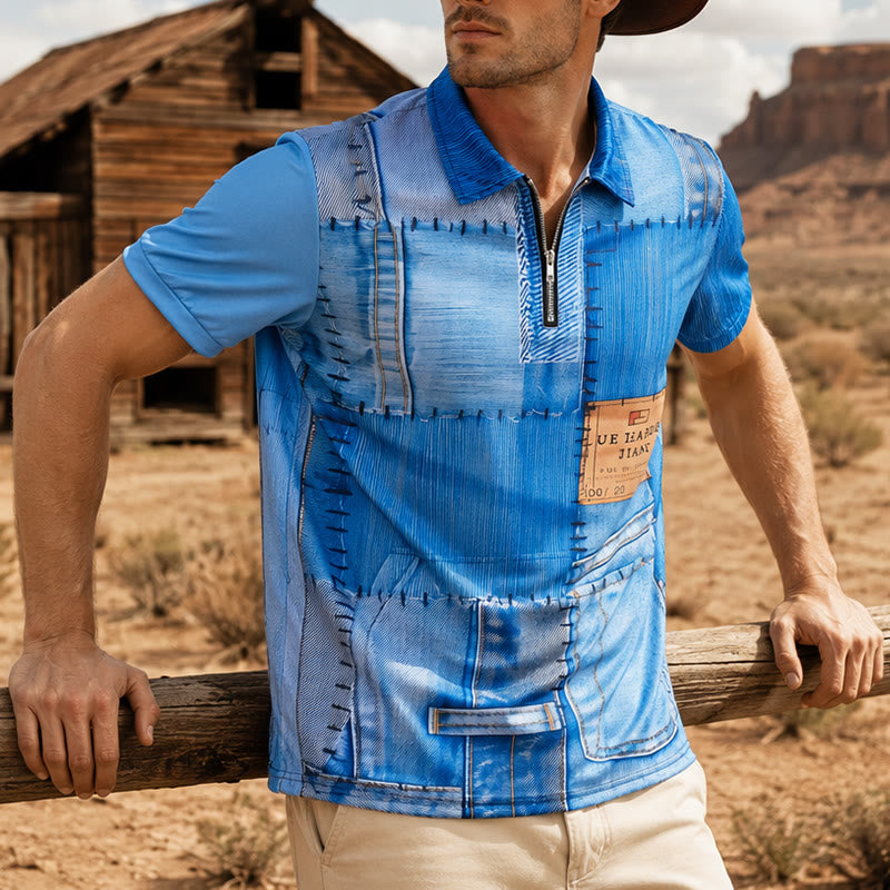 Retro-Poloshirt aus blauem Denim mit Patchwork-Design, 3D-Druck und Reißverschlusskragen - Blau - 6XL - image 0