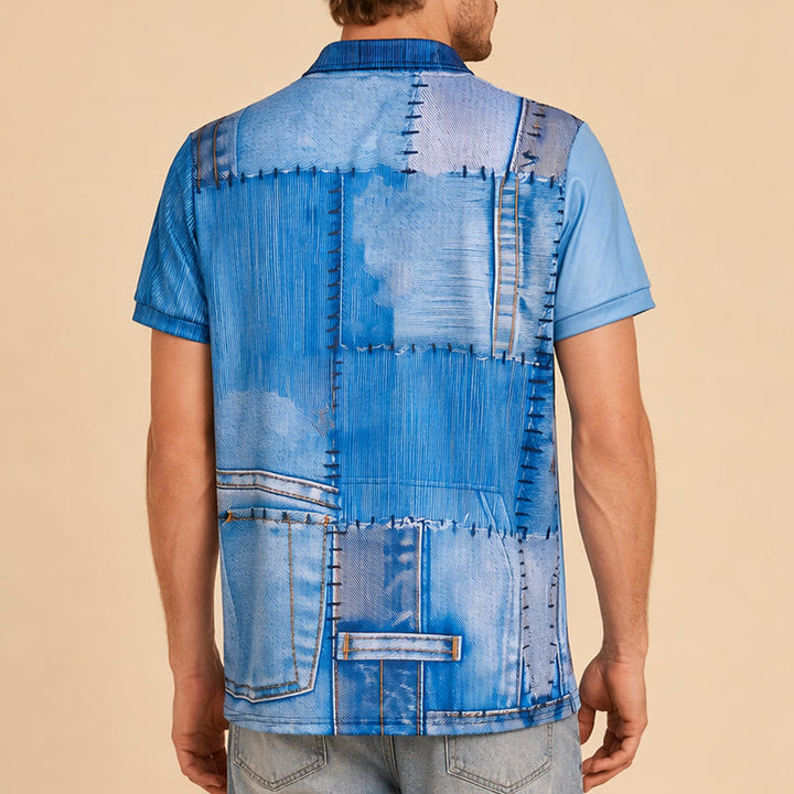 Retro-Poloshirt aus blauem Denim mit Patchwork-Design, 3D-Druck und Reißverschlusskragen - image 2