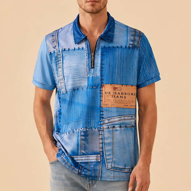 Retro-Poloshirt aus blauem Denim mit Patchwork-Design, 3D-Druck und Reißverschlusskragen - image 1