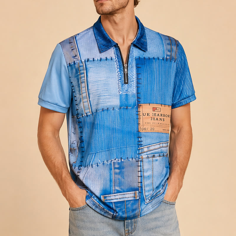 Retro-Poloshirt aus blauem Denim mit Patchwork-Design, 3D-Druck und Reißverschlusskragen - image 3