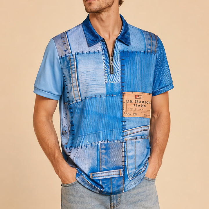 Retro-Poloshirt aus blauem Denim mit Patchwork-Design, 3D-Druck und Reißverschlusskragen - image 3