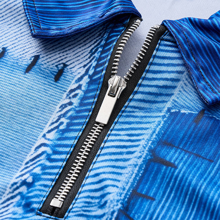Retro-Poloshirt aus blauem Denim mit Patchwork-Design, 3D-Druck und Reißverschlusskragen - image 5