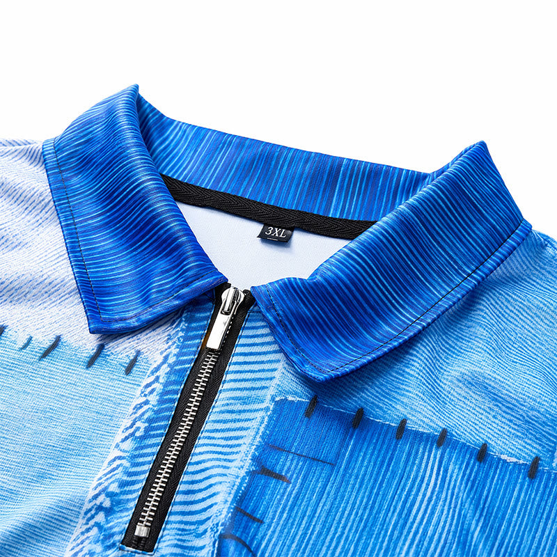 Retro-Poloshirt aus blauem Denim mit Patchwork-Design, 3D-Druck und Reißverschlusskragen - image 4