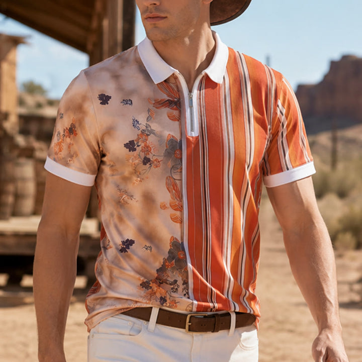 Poloshirt mit Blumenmuster, Streifen, geteiltem Design, 3D-Druck und Reißverschlusskragen - Orange - 5XL - image 0