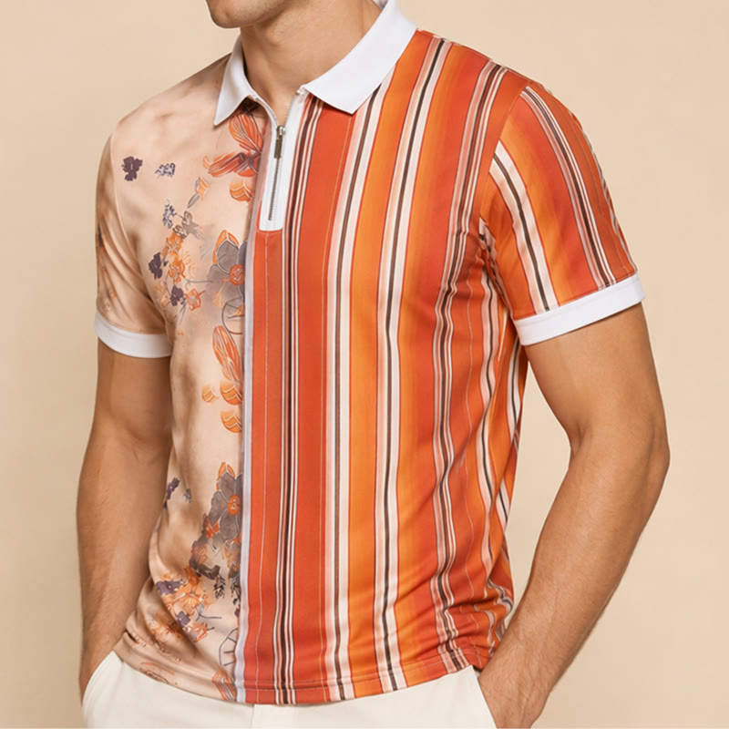 Poloshirt mit Blumenmuster, Streifen, geteiltem Design, 3D-Druck und Reißverschlusskragen - image 3