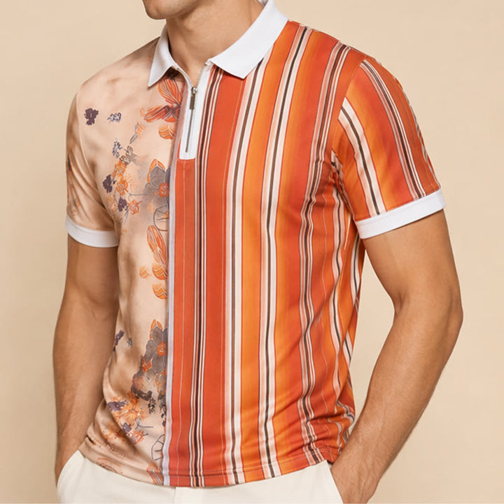 Poloshirt mit Blumenmuster, Streifen, geteiltem Design, 3D-Druck und Reißverschlusskragen - image 3