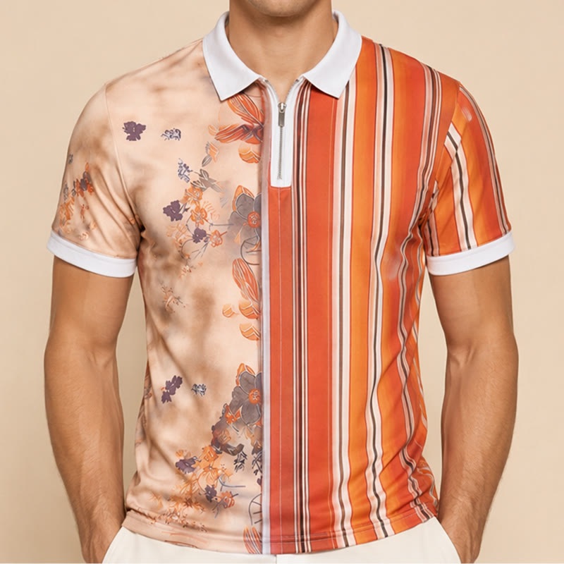 Poloshirt mit Blumenmuster, Streifen, geteiltem Design, 3D-Druck und Reißverschlusskragen - image 1