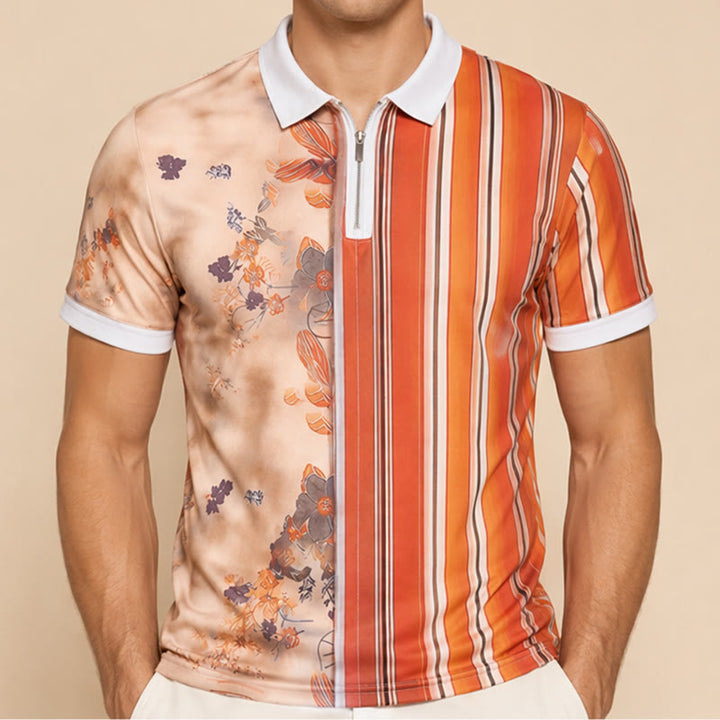 Poloshirt mit Blumenmuster, Streifen, geteiltem Design, 3D-Druck und Reißverschlusskragen - image 1