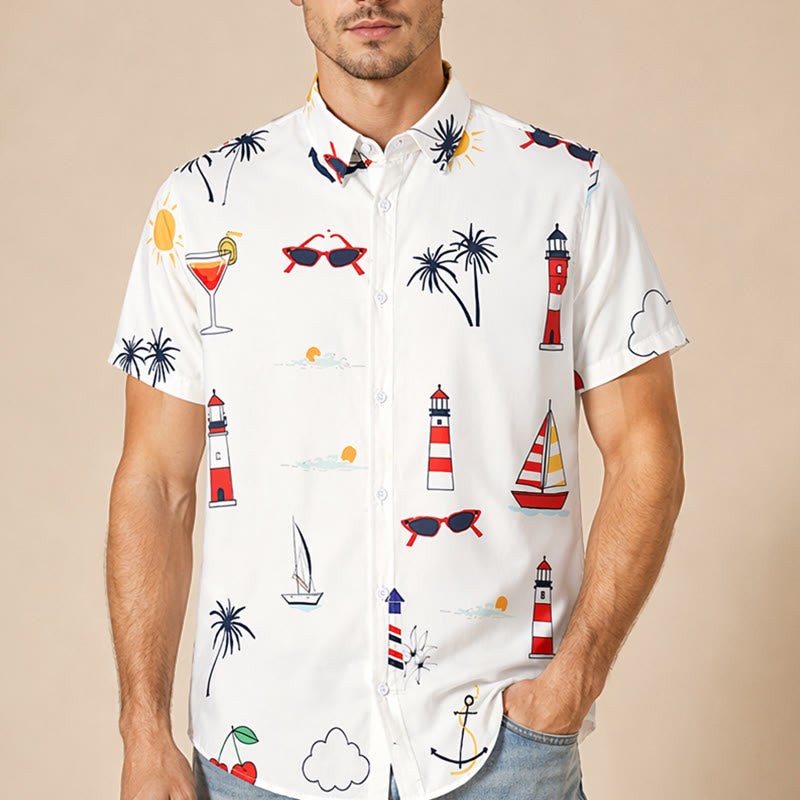 Herren-Sommerhemd mit nautischem Cocktail- und Palmenmuster im Hawaii-Stil, Kurzarm - image 1