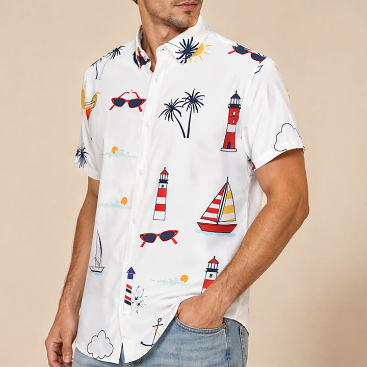 Herren-Sommerhemd mit nautischem Cocktail- und Palmenmuster im Hawaii-Stil, Kurzarm - image 3