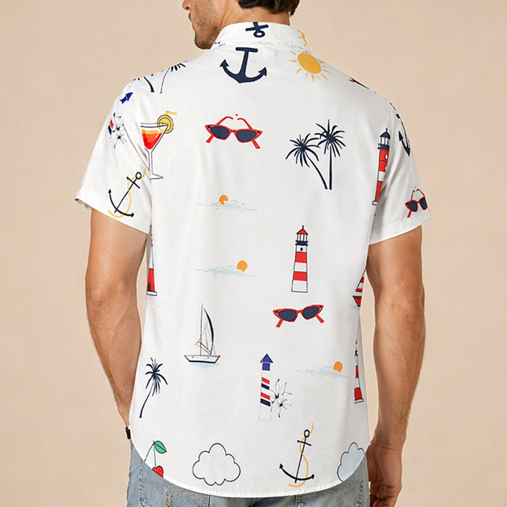Herren-Sommerhemd mit nautischem Cocktail- und Palmenmuster im Hawaii-Stil, Kurzarm - image 2