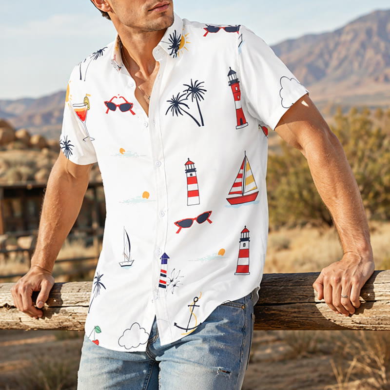 Herren-Sommerhemd mit nautischem Cocktail- und Palmenmuster im Hawaii-Stil, Kurzarm - Stil Nr. 1 - 4XL - image 0