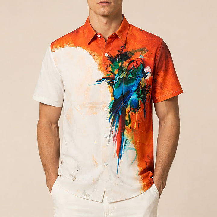 Herren Hawaiihemd mit Graffiti-Papageienmuster und Farbblock-Design - image 1