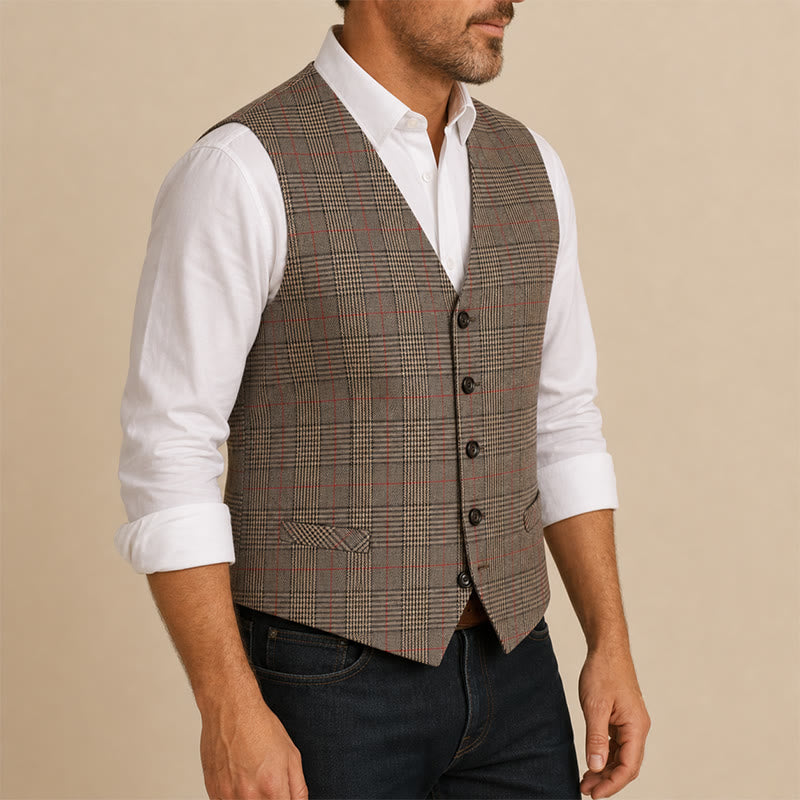 Anzugweste im Vintage-Heritage-Stil mit Karomuster und V-Ausschnitt - image 3