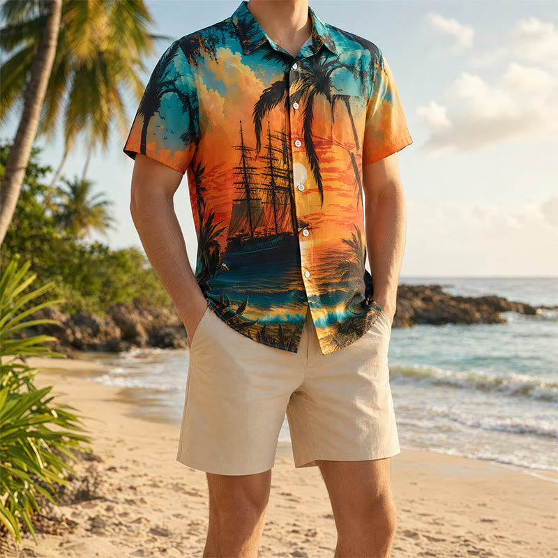 Herren Sommer-Reisehemd mit tropischem Strand-Sonnenuntergangsmotiv - Stil Nr. 1 - 3XL - image 0