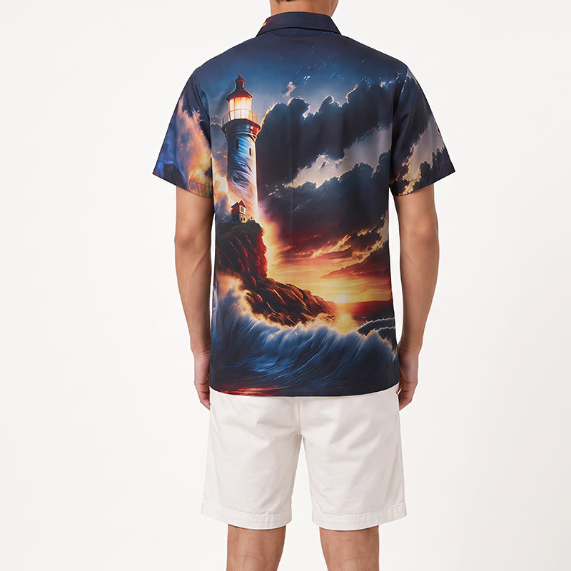 Herren-Sommerurlaubs-T-Shirt mit Ozean-Leuchtturm-Sonnenuntergang-Wellen-3D-Druck - image 3