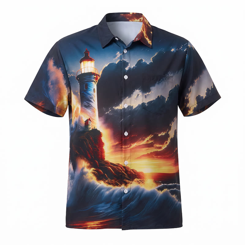 Herren-Sommerurlaubs-T-Shirt mit Ozean-Leuchtturm-Sonnenuntergang-Wellen-3D-Druck - image 9