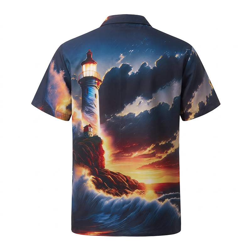 Herren-Sommerurlaubs-T-Shirt mit Ozean-Leuchtturm-Sonnenuntergang-Wellen-3D-Druck - image 10
