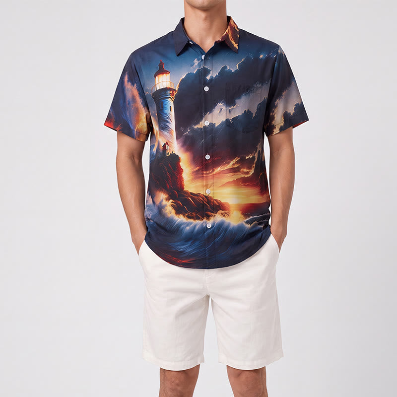 Herren-Sommerurlaubs-T-Shirt mit Ozean-Leuchtturm-Sonnenuntergang-Wellen-3D-Druck - image 1