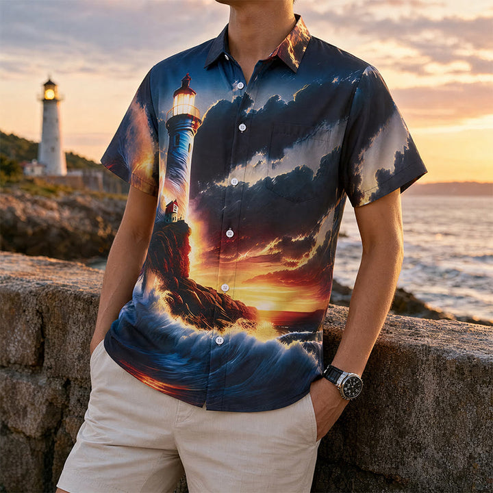 Herren-Sommerurlaubs-T-Shirt mit Ozean-Leuchtturm-Sonnenuntergang-Wellen-3D-Druck - Stil Nr. 1 - 4XL - image 0