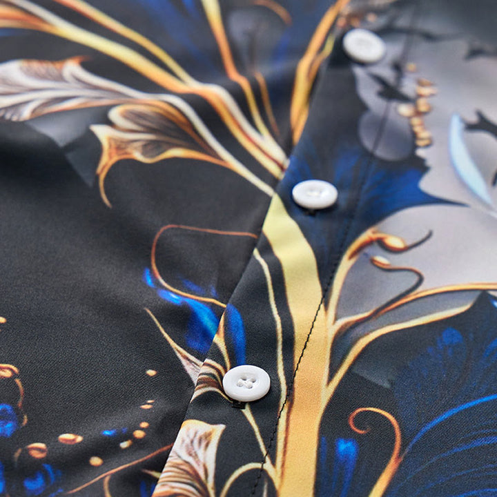 Luxuriöses Herren-Freizeithemd mit gold-blauem Blattmuster und Knöpfen - image 5