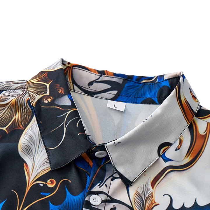 Luxuriöses Herren-Freizeithemd mit gold-blauem Blattmuster und Knöpfen - image 4