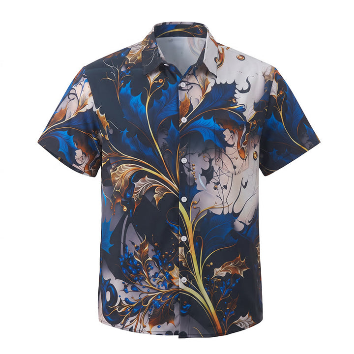 Luxuriöses Herren-Freizeithemd mit gold-blauem Blattmuster und Knöpfen - image 10