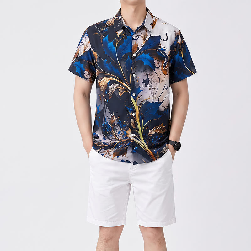 Luxuriöses Herren-Freizeithemd mit gold-blauem Blattmuster und Knöpfen - image 1