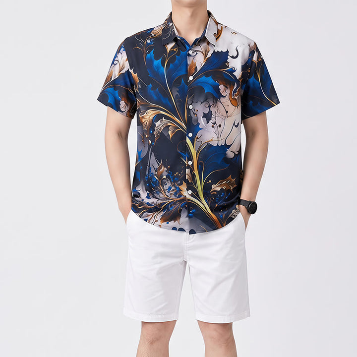 Luxuriöses Herren-Freizeithemd mit gold-blauem Blattmuster und Knöpfen - image 1