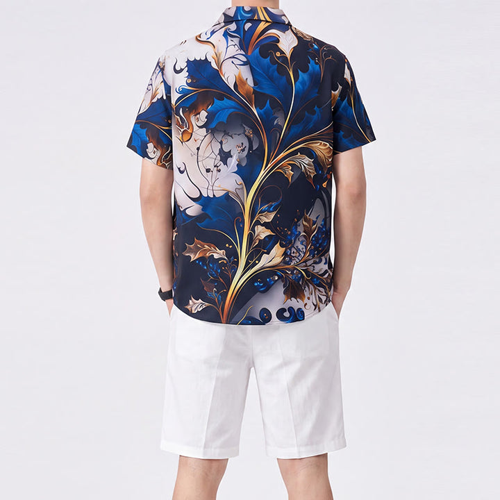 Luxuriöses Herren-Freizeithemd mit gold-blauem Blattmuster und Knöpfen - image 3