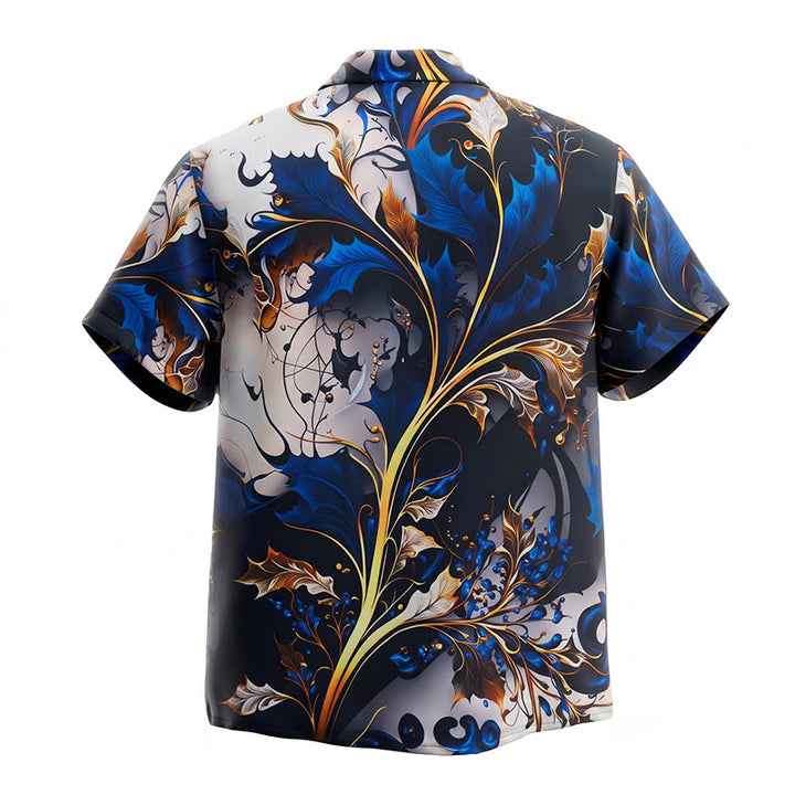 Luxuriöses Herren-Freizeithemd mit gold-blauem Blattmuster und Knöpfen - image 9