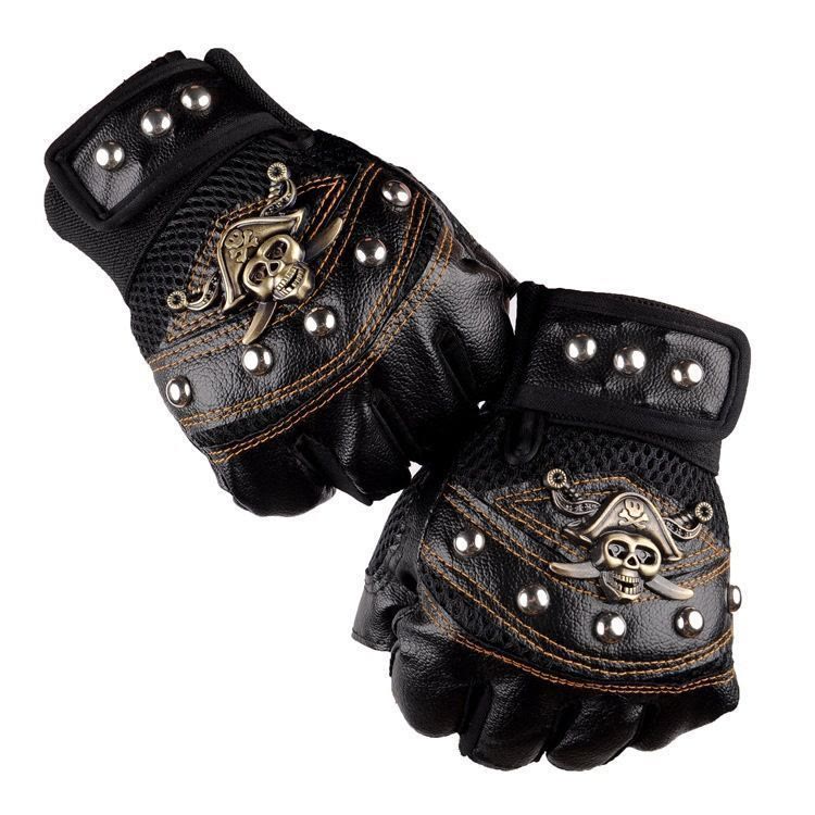Piraten-Biker-Handschuhe mit Totenkopf-Nieten, halbfingerig, aus Leder, für Outdoor-Aktivitäten - Schwarz - Einheitsgröße - image 0