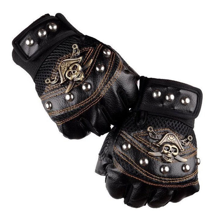 Piraten-Biker-Handschuhe mit Totenkopf-Nieten, halbfingerig, aus Leder, für Outdoor-Aktivitäten - Schwarz - Einheitsgröße - image 0