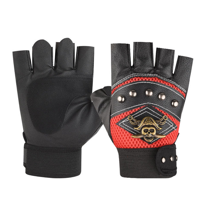 Piraten-Biker-Handschuhe mit Totenkopf-Nieten, halbfingerig, aus Leder, für Outdoor-Aktivitäten - Rot - Einheitsgröße - image 7