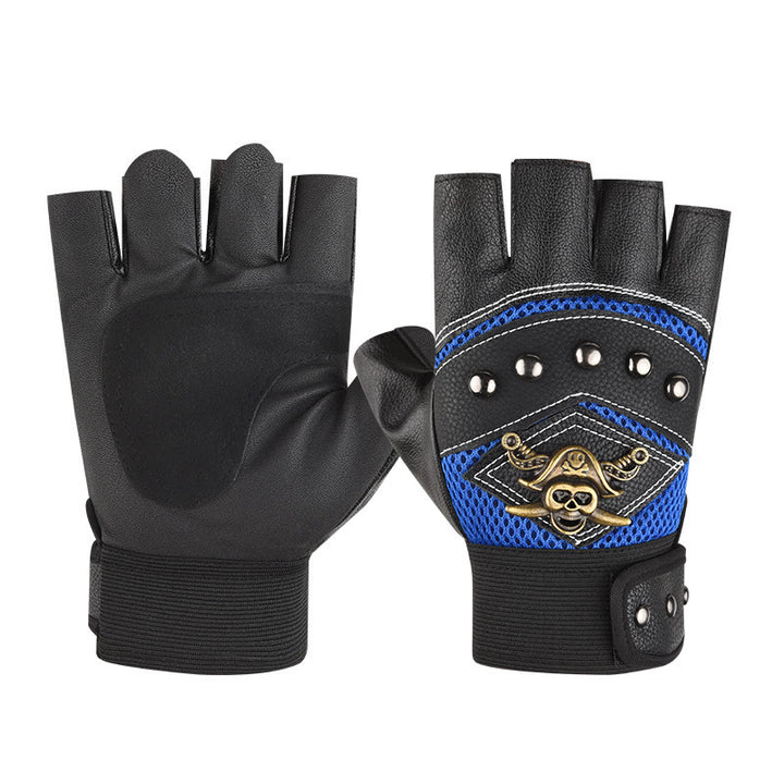 Piraten-Biker-Handschuhe mit Totenkopf-Nieten, halbfingerig, aus Leder, für Outdoor-Aktivitäten - Blau - Einheitsgröße - image 2